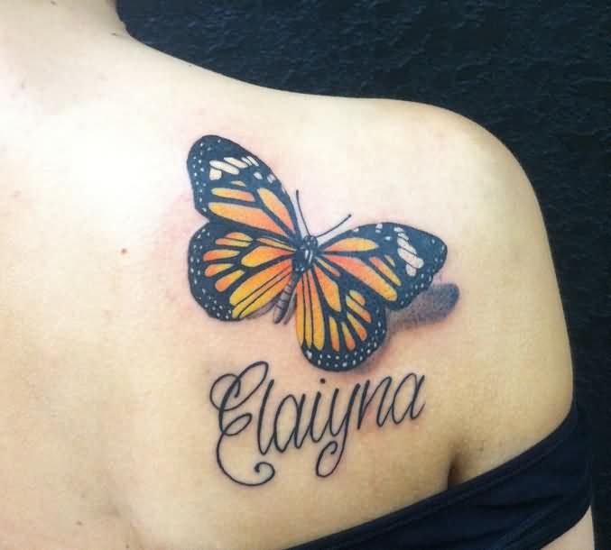 Cool 3D Name Monarch Butterfly Tattoo For Girls