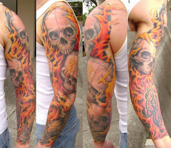 Cool Full Sleeve Flame Skulls Tattoo