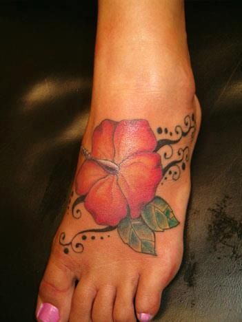 Cool Hibiscus Flower Tattoo On Girl Foot