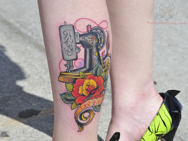 Cool Sewing Machine Traditional Tattoo On Leg
