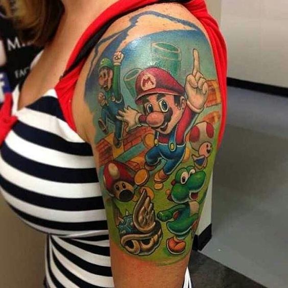 Cool Super Mario Bros Tattoo On Girl Shoulder