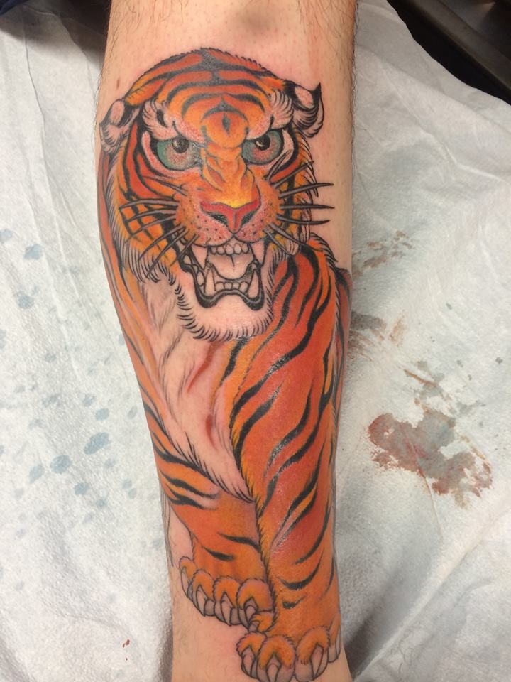 Cool Tiger Tattoo On Leg by Chris Garver