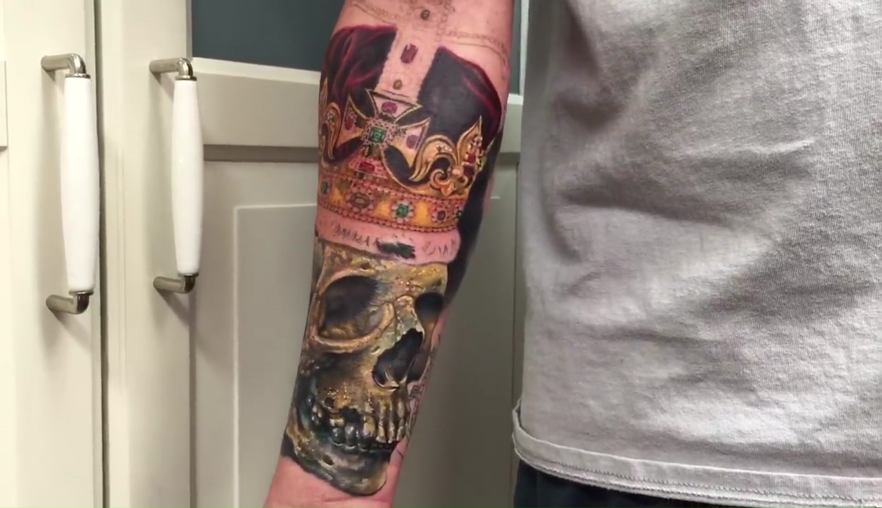 Crowned Skull Tattoo on Arm by Liz Cook