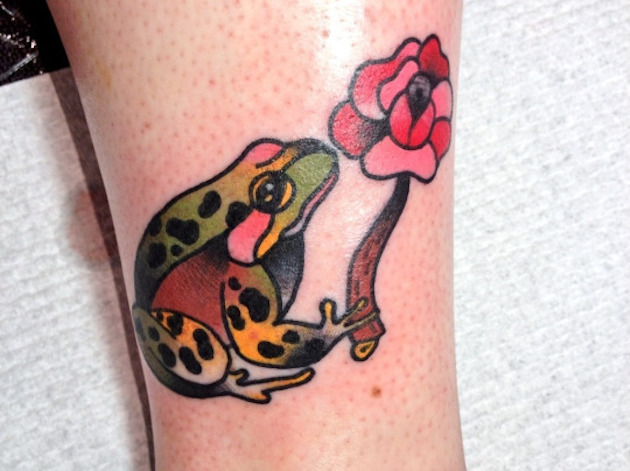 Cute Frog And Flower Traditional Tattoo