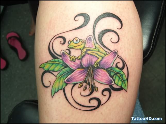 Cute Frog With Flower Tattoo