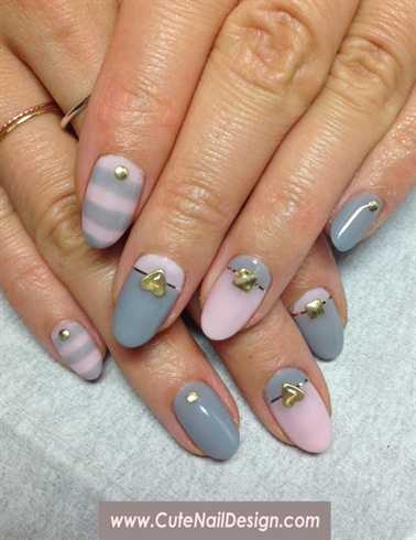 Cute Gray And Pink Nail Art With Heart Studs Design Idea