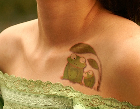 Cute Mom Child Frog Tattoo On Girl Chest