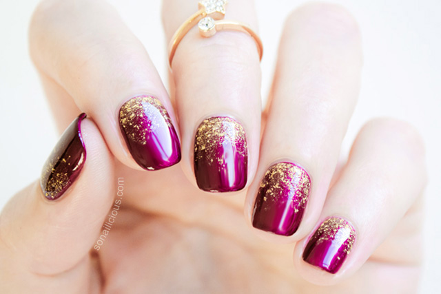 Dark Pink And Gold Glitter Gradient Nail Art
