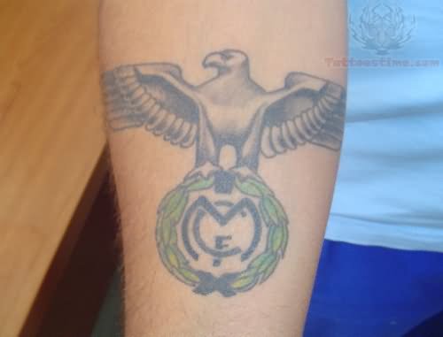 Eagle Sitting On Real Madrid Logo Tattoo On Forearm
