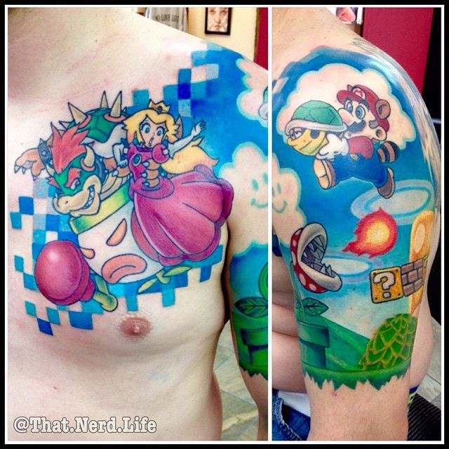 Fantastic Mario Saving Princess Tattoo On Chest And Shoulder