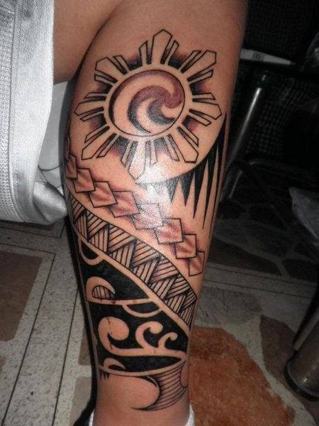 Filipino Sun Tribal Tattoo On Leg