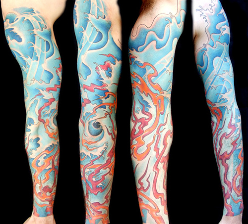 Fire Flame And Ice Tattoo On Full Arm