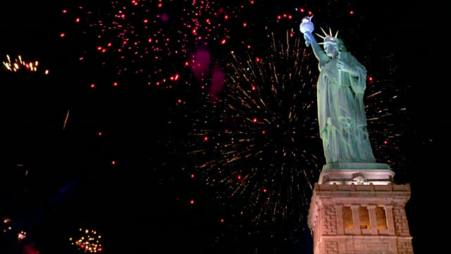Fireworks Over The Statue Of Liberty At Night