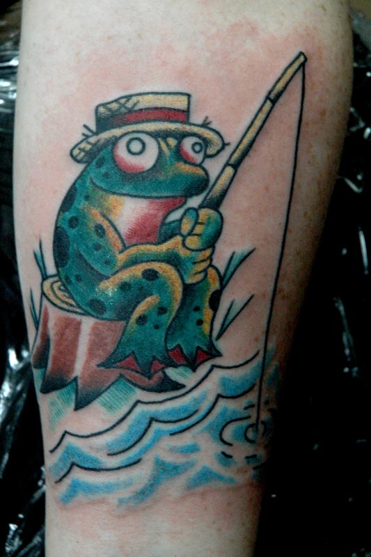 Fishing Frog Traditional Tattoo On Sleeve