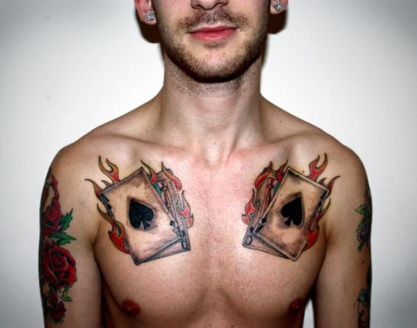 Flame Spade Card Tattoo On Chest For Men