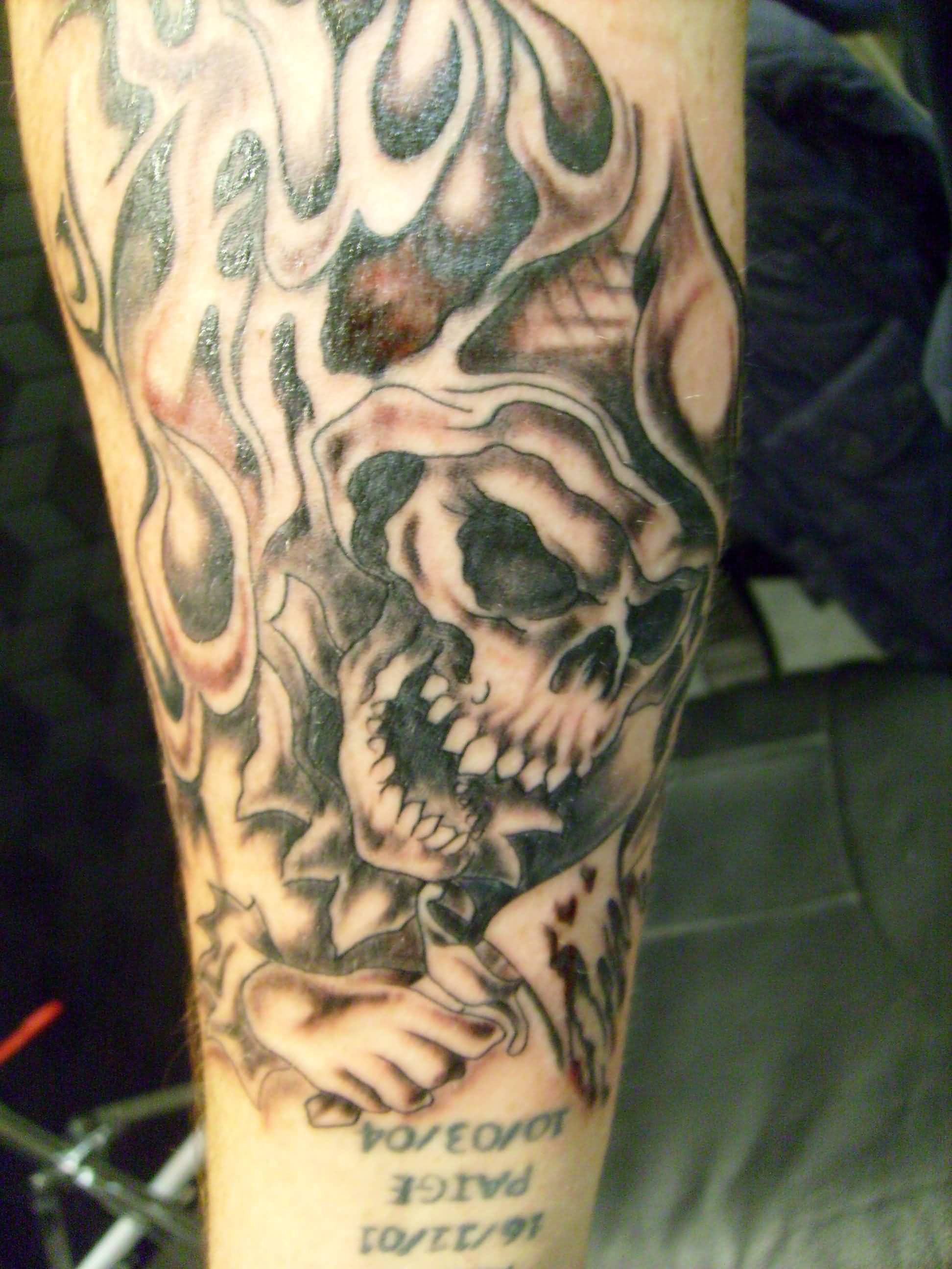 Flaming Demon Skull Tattoo On Arm Sleeve