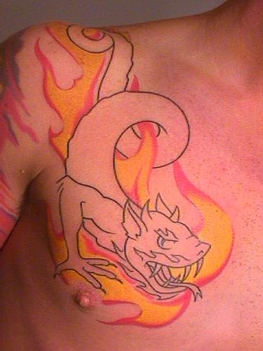 Flaming Dragon Tattoo In Progress On Chest