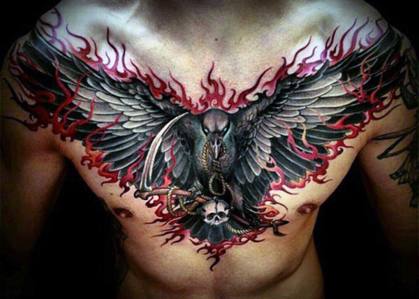 Flaming Evil Crow Tattoo On Chest For Guys