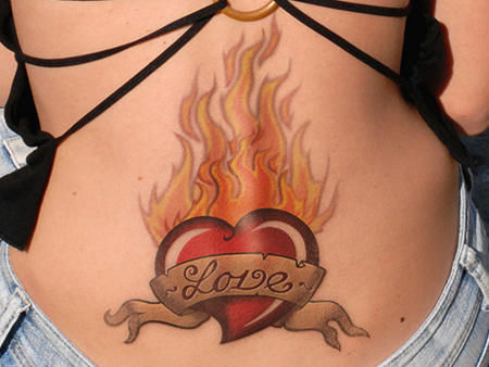 Flaming Love Tattoo On Lower Back For Women