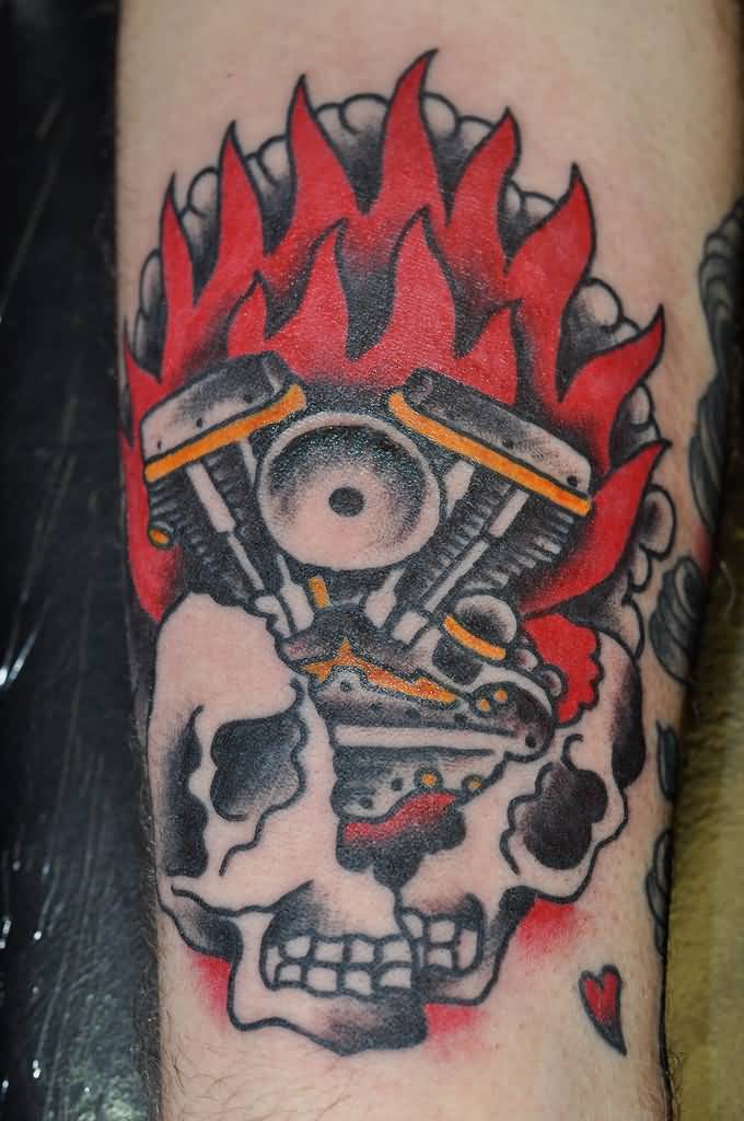 Flaming Skull Engine Traditional Tattoo By KeelHauled