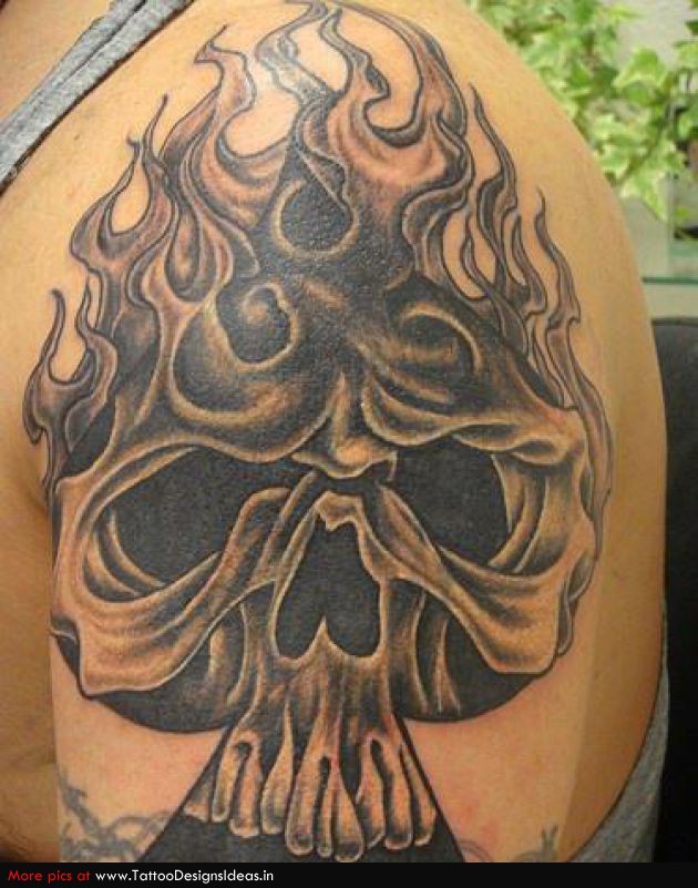 Flaming Skull Spades Tattoo On Shoulder