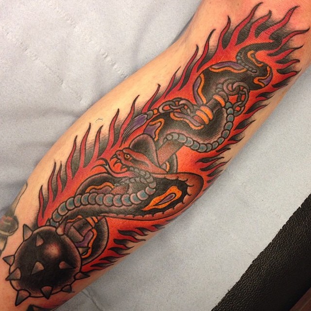 Flaming Snake Old School Tattoo
