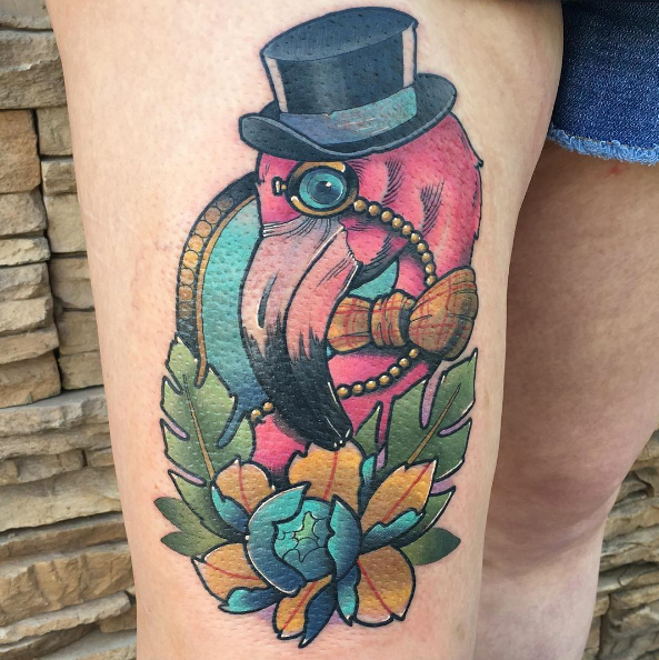 Flowers And Flamingo Head Tattoo On Thigh by Revolt Tattoos