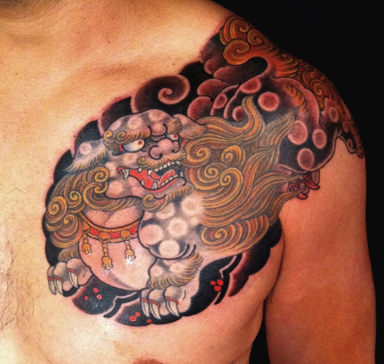 Foo Dog Tattoo On Front Shoulder by Chris Garver