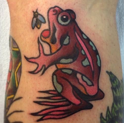Frog Catching Bee Traditional Tattoo