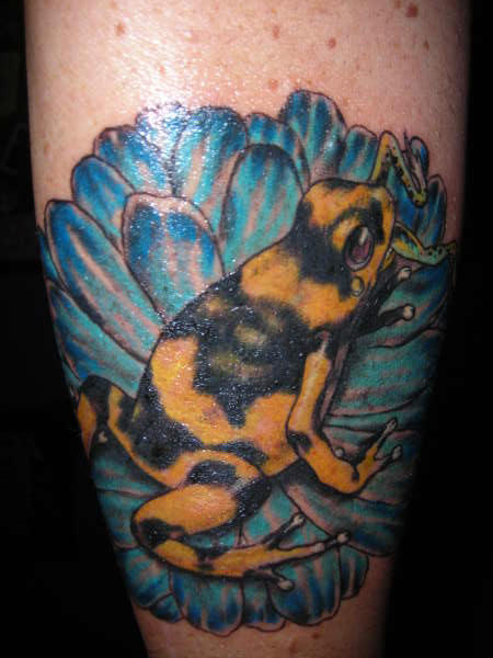 Frog On Blue Flower Tattoo On Arm