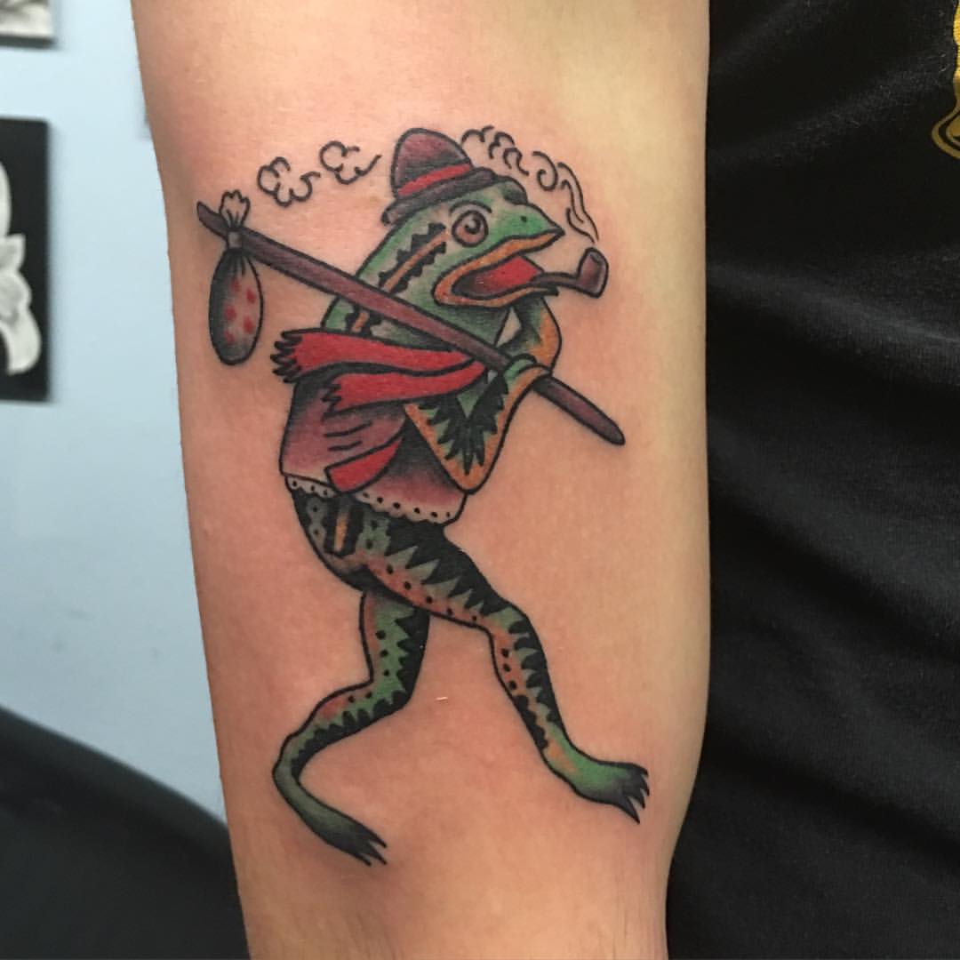 Frog Smoking Pipe Traditional Tattoo On Half Sleeve