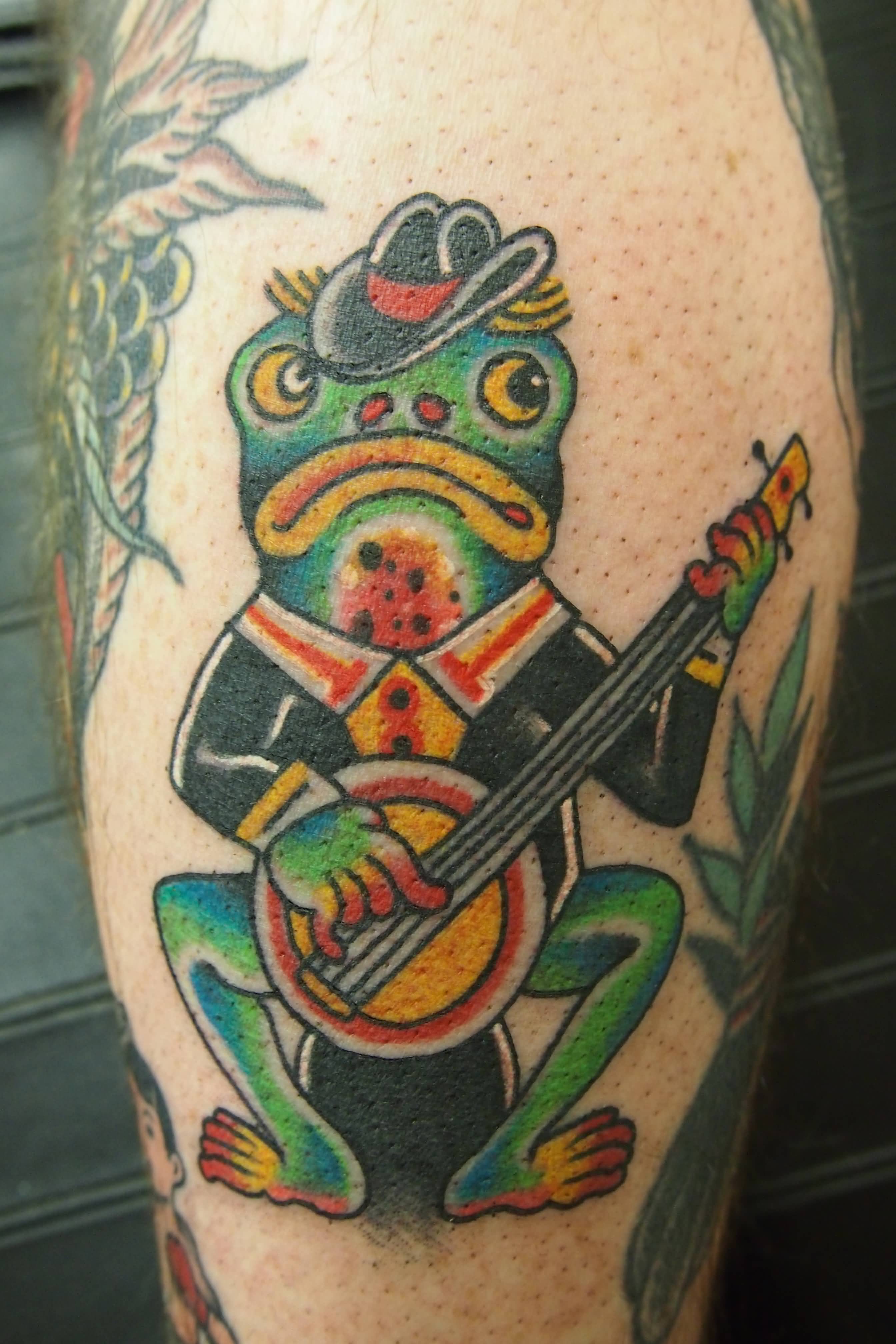 Frog With Hat And Banjo Traditional Tattoo