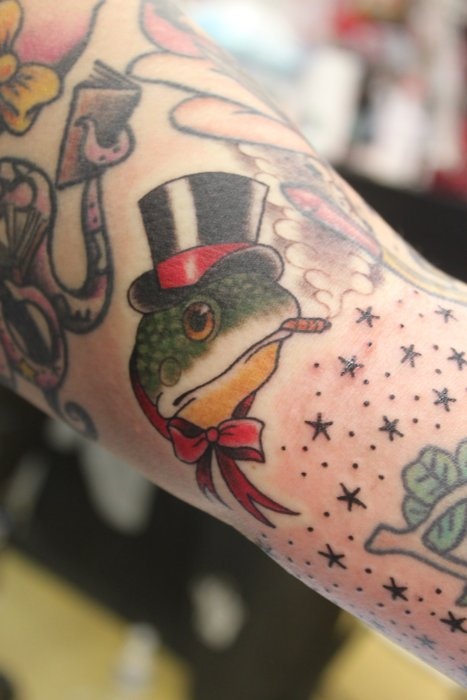 Frog With Hat And Cigar Traditional Tattoo On Arm Sleeve