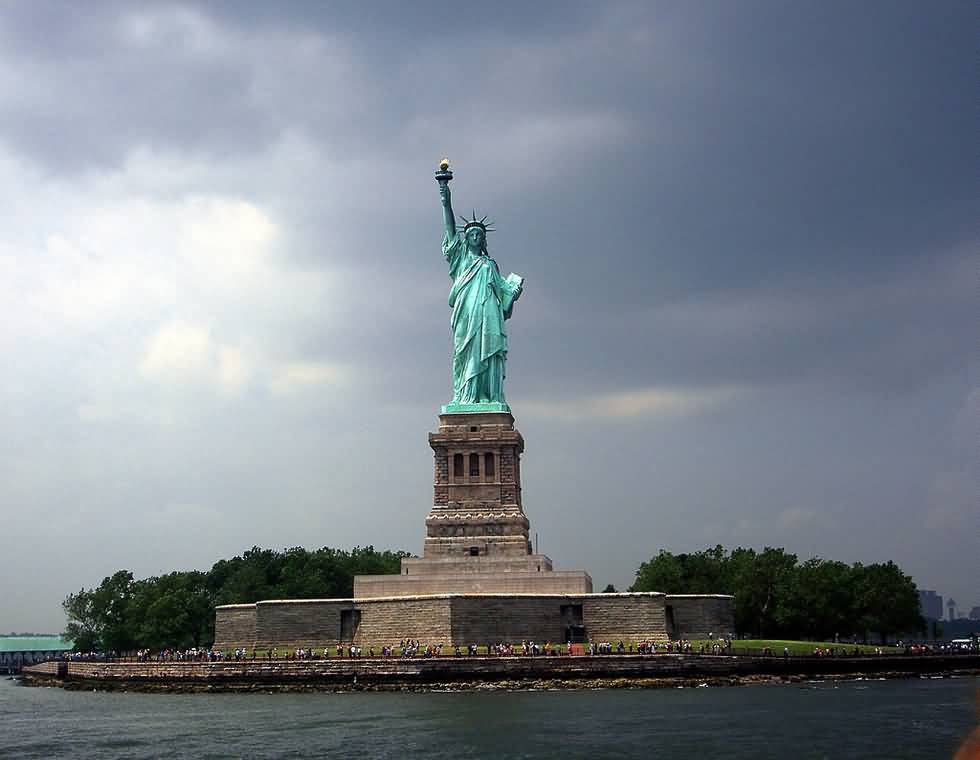 Front View Of Statue Of Liberty And Liberty Island