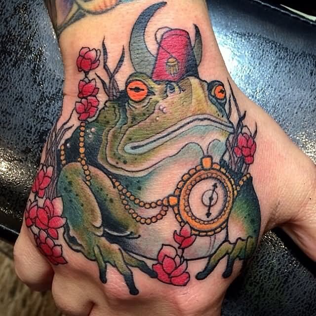 Funky Frog Traditional Tattoo On Hand By Sung Song