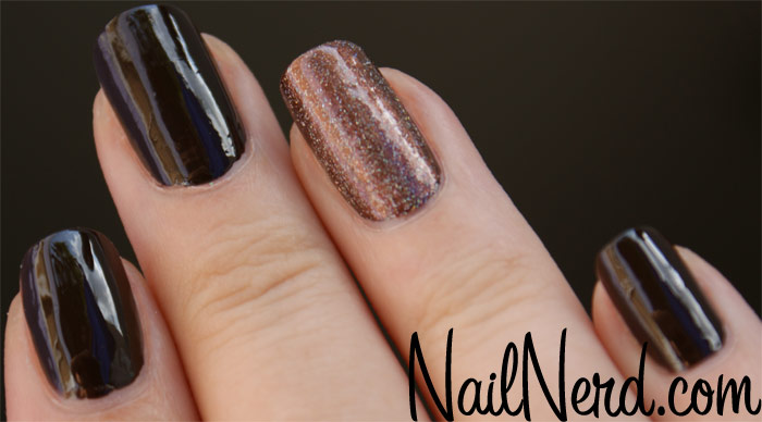 Glossy Black With Accent Brown Gel Nail Art