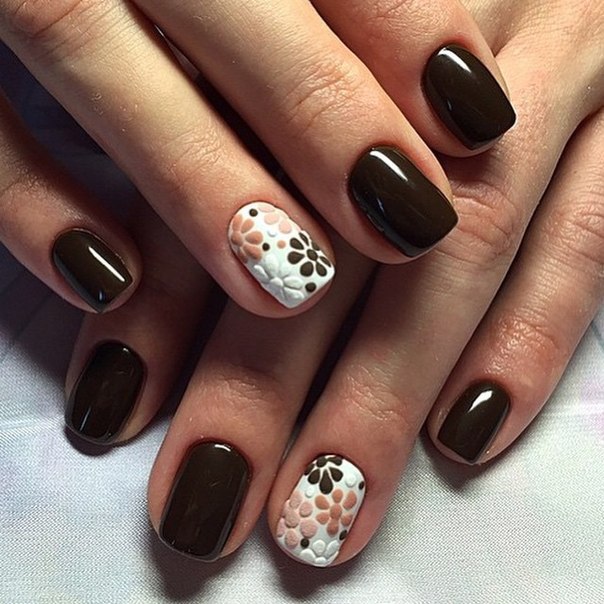Glossy Brown With Acrylic Flowers Design Nail Art Idea