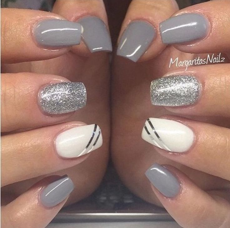Glossy Gray And White Nail Art With Striping Tape Design