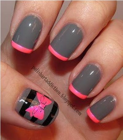 Glossy Gray With Pink Tip And Bow Design Idea