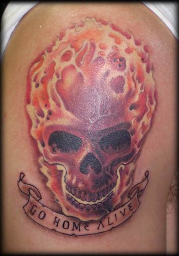 Go Home Alive Flame Skull Tattoo On Shoulder