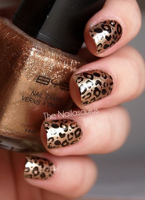 Gold And Brown Leopard Print Nail Art Idea
