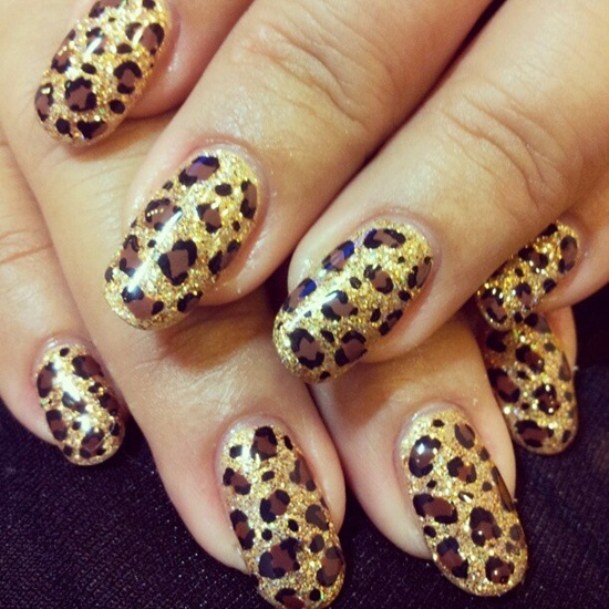 Gold Glitter Base Nails With Brown Leopard Print Nail Art Idea