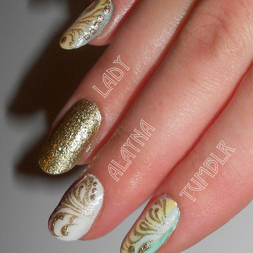Gold Glitter Filigree Nail Art On White Nails