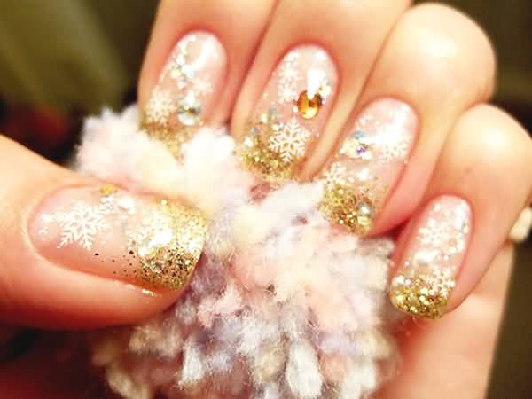 Gold Glitter Tip And White Snowflakes Design Nail Art