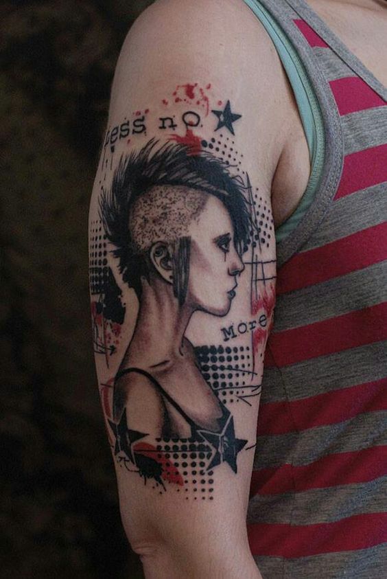 Graphic Dotwork Punk Girl Tattoo On Right Half Sleeve