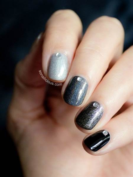 Gray And Black Nails With Rhinestones Design Idea