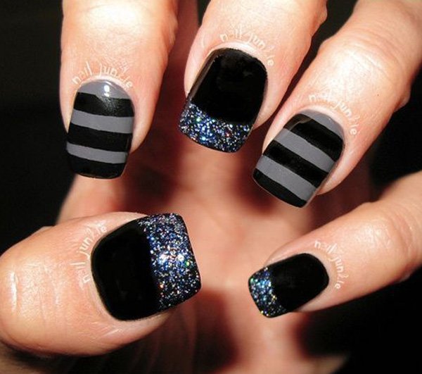 Gray And Black Stripes Design Nail Art