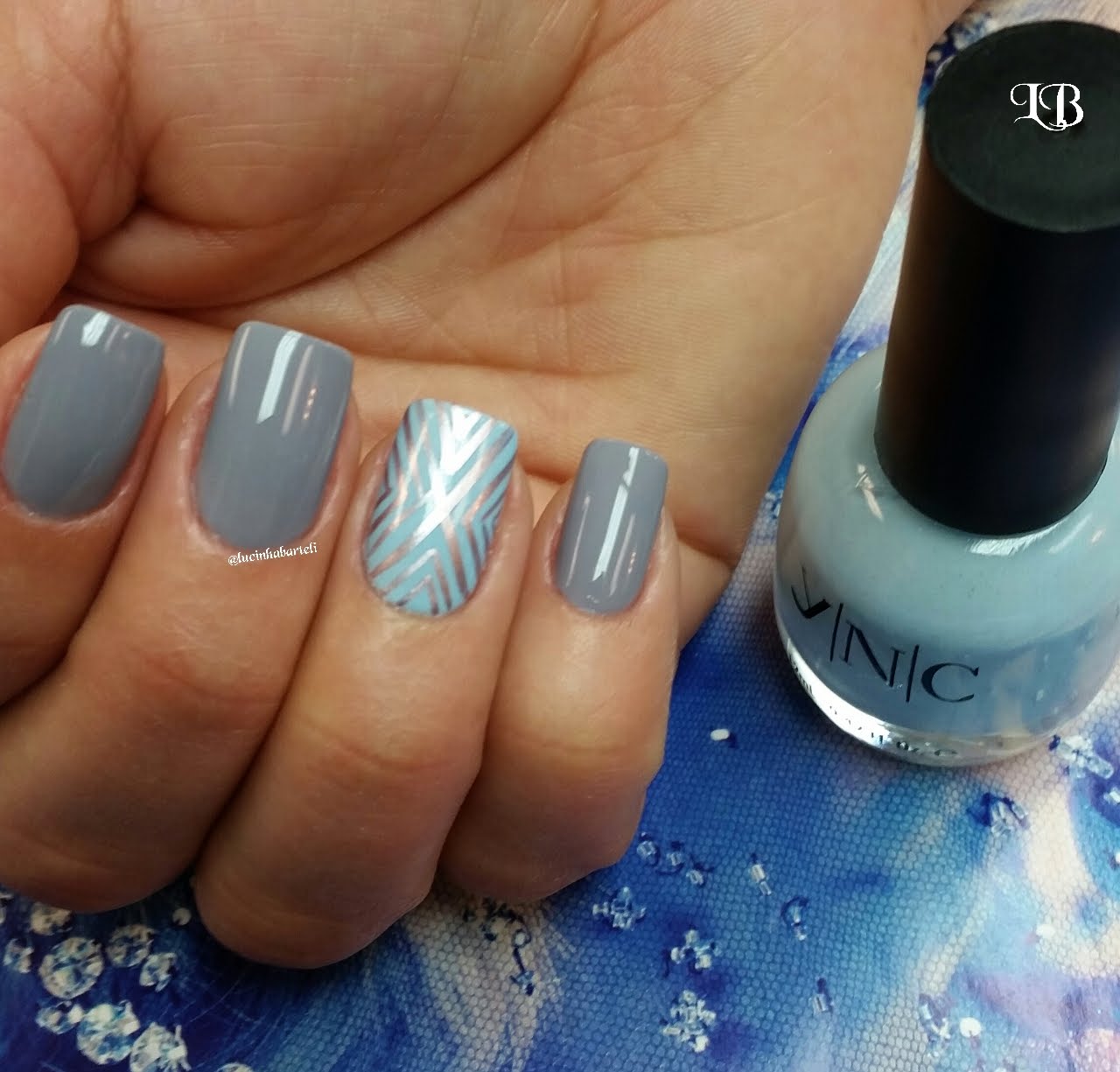 Gray And Blue Accent Design Nail Art