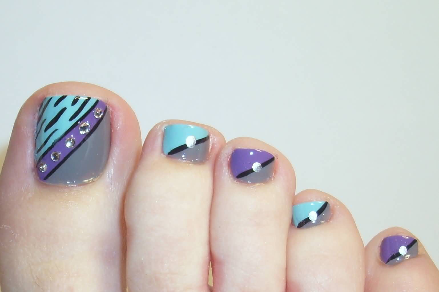 Gray And Blue Zebra Print And Purple Strip Toe Nail Art
