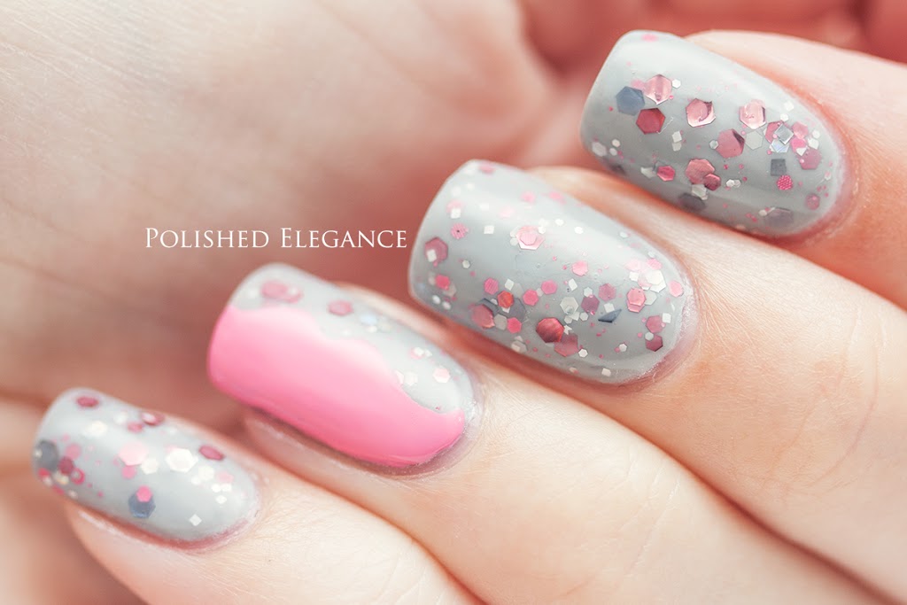 Gray And Pink Glitter Dots Nail Art Design